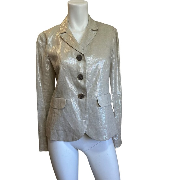 Rozae Nichols Metallic Wheat Linen 3 Button Blazer Jacket sz 6 EUC - Picture 1 of 12
